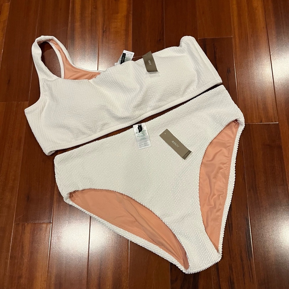 J.Crew‎ Bikini Set White Textured High Waist One Shoulder BE715 Plus New Size 2X
